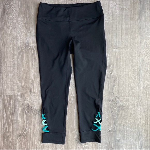 GAIAM Pants - Gaiam Capri Crisscross Leggings Black & Aqua Small